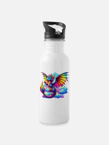 Drache - Trinkflasche mit integriertem Trinkhalm - Weiß