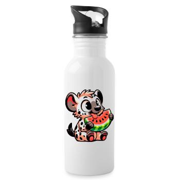 Hyäne genießt Wassermelone im Sommer - Trinkflasche mit integriertem Trinkhalm - Weiß - Rechts
