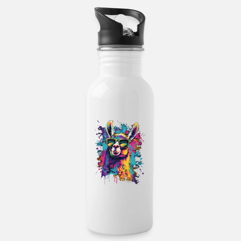 Lustiges Lama mit Sonnenbrille - Trinkflasche mit integriertem Trinkhalm - Weiß