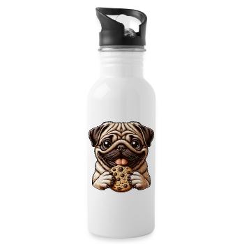 Funny Pug Dog, Cookies, Dessert, Dessert - Water bottle with straw - white - Right