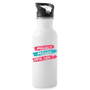 Mädels mögen wir den? Lustiger Spruch einer Klicke - Trinkflasche mit integriertem Trinkhalm - Weiß - Rechts