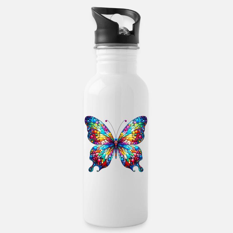 Schmetterling - Trinkflasche mit integriertem Trinkhalm - Weiß