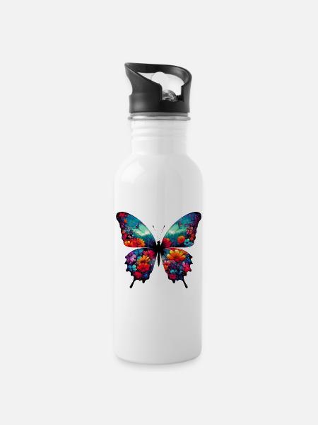 Schmetterling - Trinkflasche mit integriertem Trinkhalm - Weiß