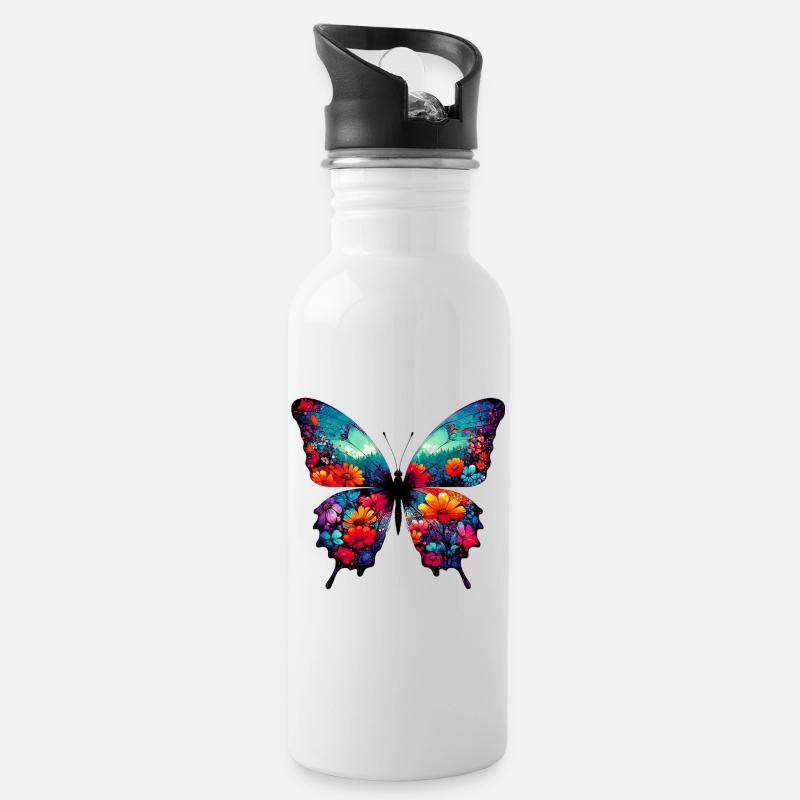Schmetterling - Trinkflasche mit integriertem Trinkhalm - Weiß