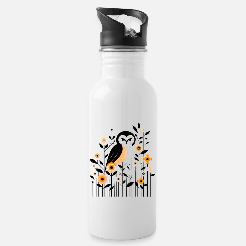 Florale Eule - Trinkflasche mit integriertem Trinkhalm - Weiß