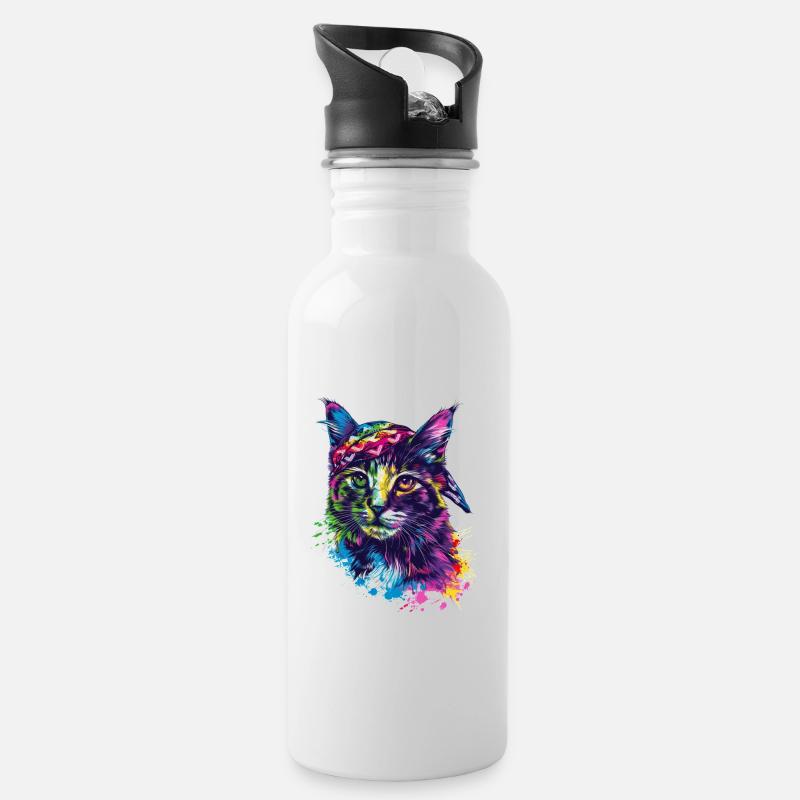 Katze mit Bandana - Trinkflasche mit integriertem Trinkhalm - Weiß