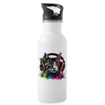 Katze mit großen Kopfhörern - Trinkflasche mit integriertem Trinkhalm - Weiß - Rechts