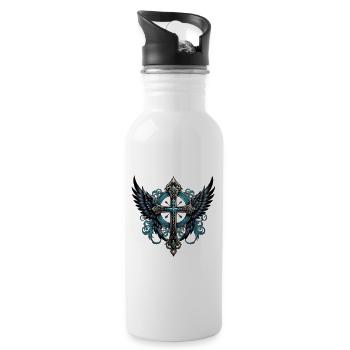 Cross adorned with wings. - Water bottle with straw - white - Right