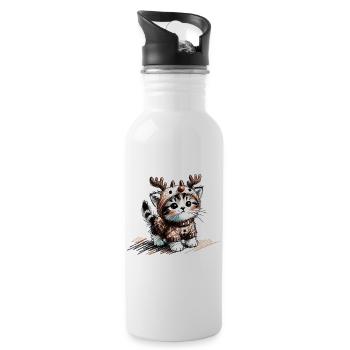 Katze mit Rentiergeweih und Pullover - Trinkflasche mit integriertem Trinkhalm - Weiß - Rechts