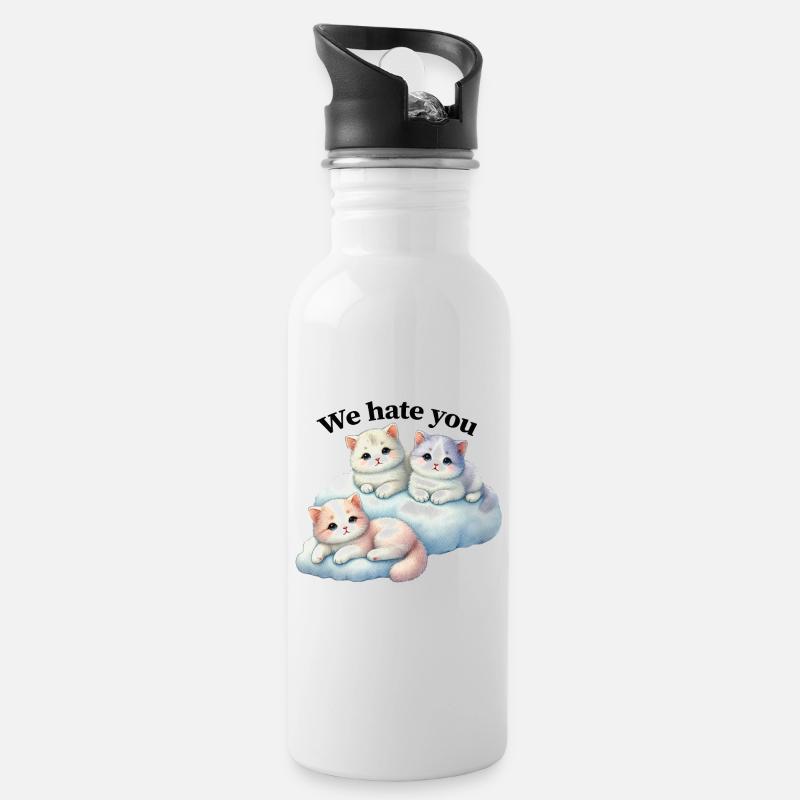 Three fluffy kittens "We hate you" - Water bottle with straw - white