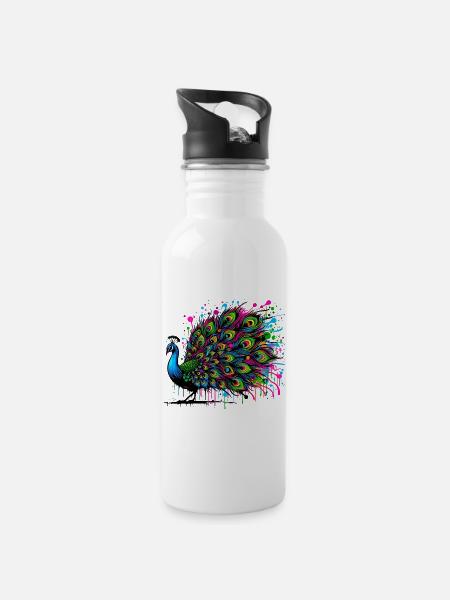 Pfau - Trinkflasche mit integriertem Trinkhalm - Weiß