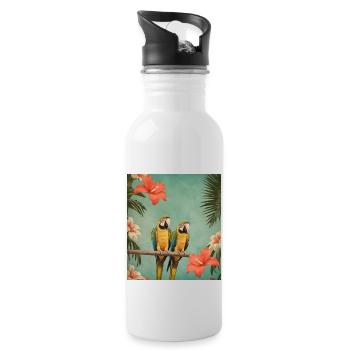 Deux perroquets sur une branche avec des fleurs d’hibiscus - Gourde avec paille intégrée - blanc - Droite