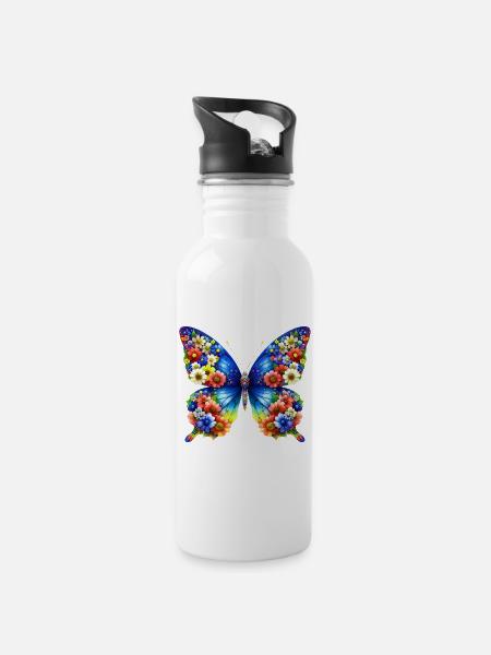 Schmetterling - Trinkflasche mit integriertem Trinkhalm - Weiß