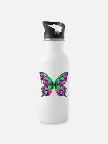 Schmetterling - Trinkflasche mit integriertem Trinkhalm - Weiß