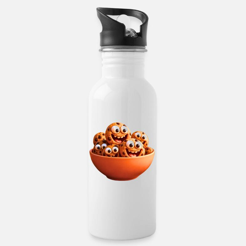 Fröhliche Kekse mit Augen und Lächeln - Trinkflasche mit integriertem Trinkhalm - Weiß