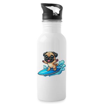 Kawaii Pug Surfer Surfboard Surfing Summer - Water bottle with straw - white - Right