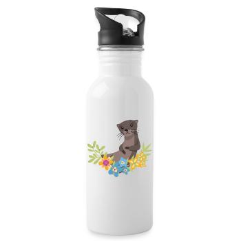 Seeotter Cartoon Blume Floral - Trinkflasche mit integriertem Trinkhalm - Weiß - Rechts