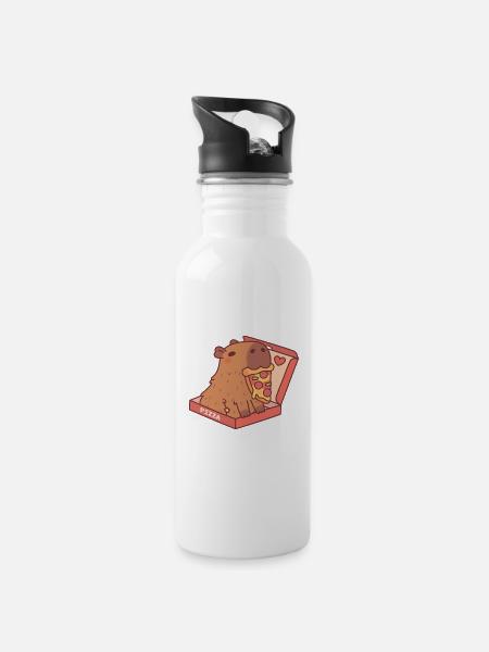 Süßes Capybara mit Pizza in Pizzaschachtel - Trinkflasche mit integriertem Trinkhalm - Weiß