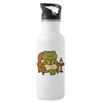 Lesender Frosch im Sessel – Cozy Evening - Trinkflasche mit integriertem Trinkhalm - Weiß - Rechts