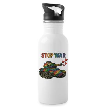 Rainbow Tank with Peace Sign – STOP WAR - Water bottle with straw - white - Right
