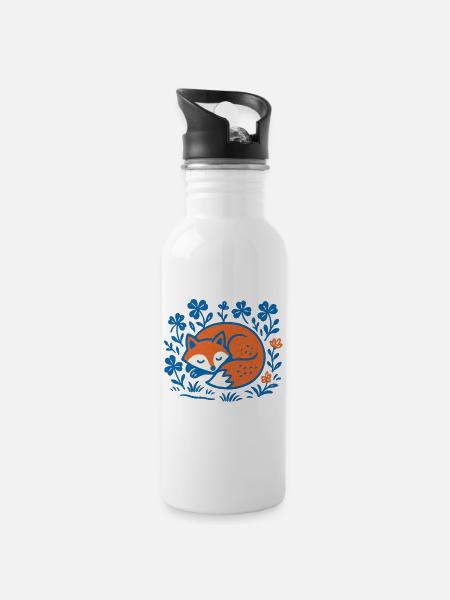Schlafender Fuchs im Blumen-Nachtgarten - Trinkflasche mit integriertem Trinkhalm - Weiß