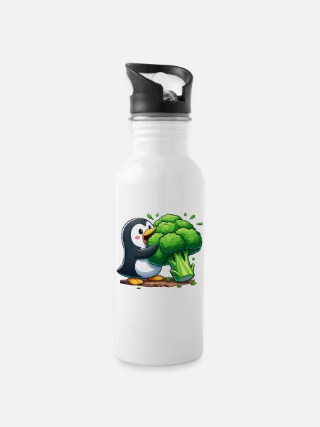 Süßer Pinguin mit Brokkoli Gemüse Vegan Cartoon - Trinkflasche mit integriertem Trinkhalm - Weiß