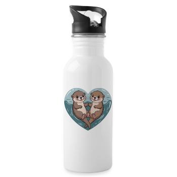 Otter Couple Cuddles Cute Otter Matching Couple - Water bottle with straw - white - Right