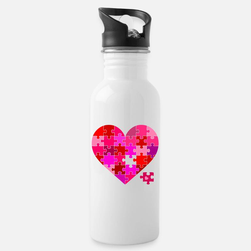 Herz Puzzle Farbexplosion - Trinkflasche mit integriertem Trinkhalm - Weiß