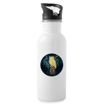 Goldene Eule über Mondfels im Wald - Trinkflasche mit integriertem Trinkhalm - Weiß - Rechts