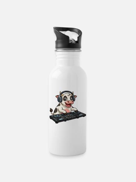 DJ Kuh Cartoon Bauernhof Party Motiv - Trinkflasche mit integriertem Trinkhalm - Weiß