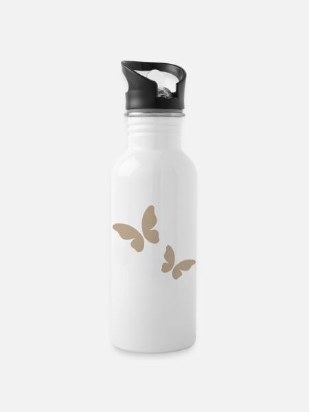 Beige Butterfly Pattern - Water bottle with straw - white