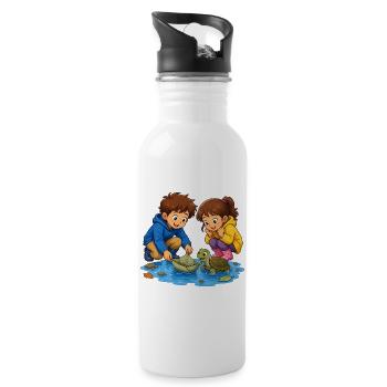 Children's Turtle Leaf Boat in Puddle Cute Motif - Water bottle with straw - white - Right