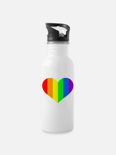 Regenbogen Herz - Trinkflasche mit integriertem Trinkhalm - Weiß