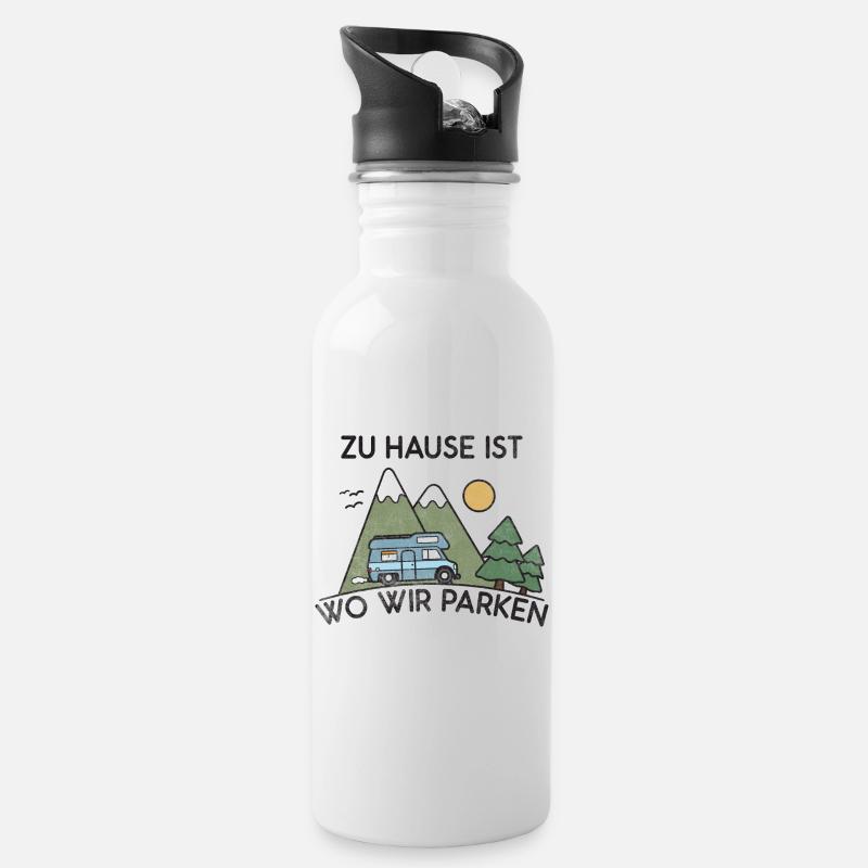 Camping at home is where we park - Water bottle with straw - white