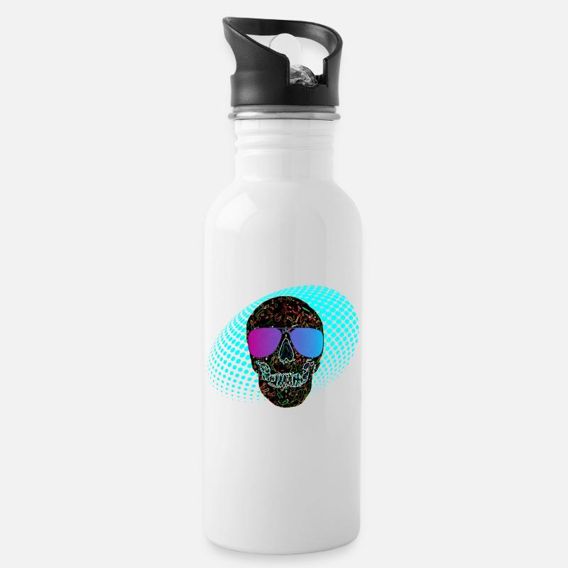 Disco Schädel Party Schädel 3D Neon - Trinkflasche mit integriertem Trinkhalm - Weiß