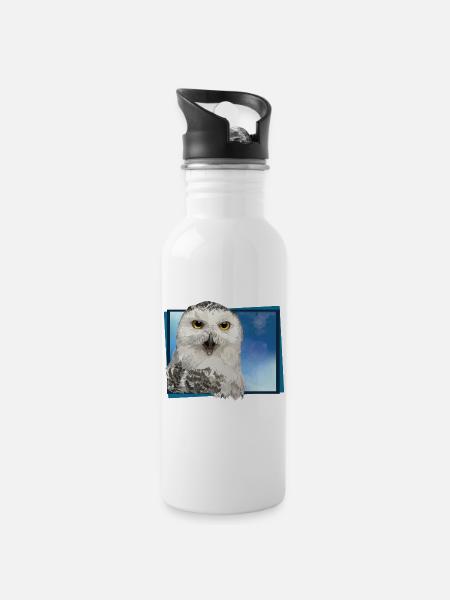 Schneeeule - Trinkflasche mit integriertem Trinkhalm - Weiß