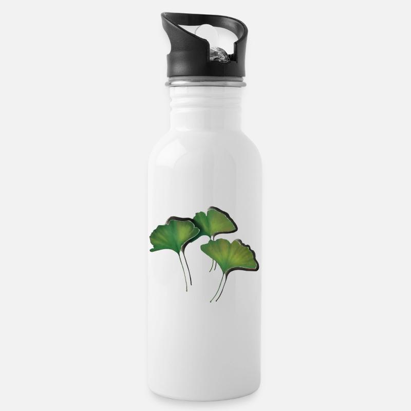 Ginko Blätter/Ginkgo leaf - Trinkflasche mit integriertem Trinkhalm - Weiß