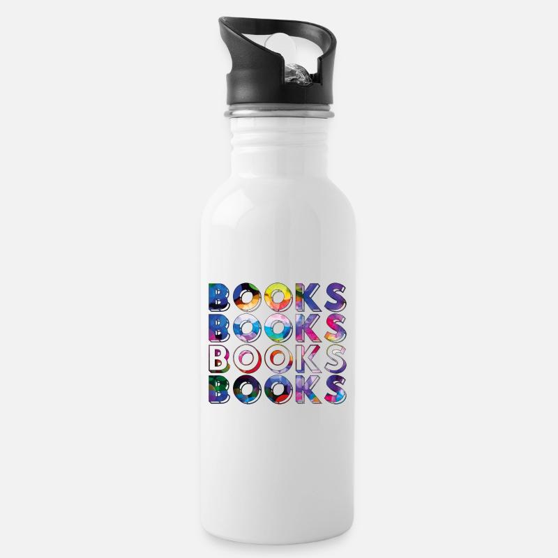 Bücher, Bücher, Bücher, Bücher bunt - Trinkflasche mit integriertem Trinkhalm - Weiß