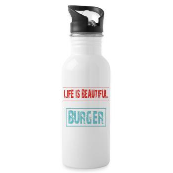 Lebensfreude mit Burger Spruch - Trinkflasche mit integriertem Trinkhalm - Weiß - Rechts