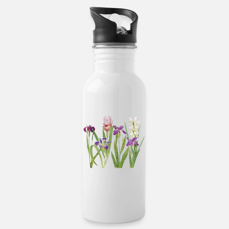 Wilde Iris und Orchidee Botanisches Design - Trinkflasche mit integriertem Trinkhalm - Weiß