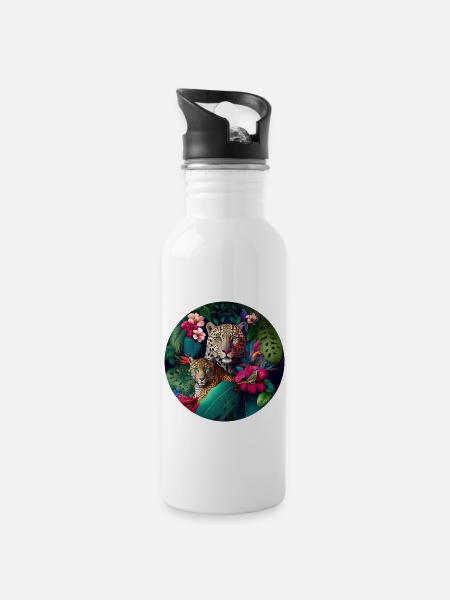 Leopard Dschungel Blumen - Trinkflasche mit integriertem Trinkhalm - Weiß