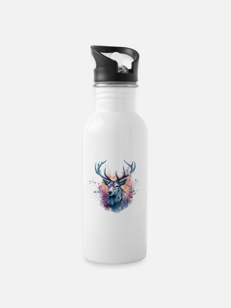 Hirsch Bunt Aquarell - Trinkflasche mit integriertem Trinkhalm - Weiß