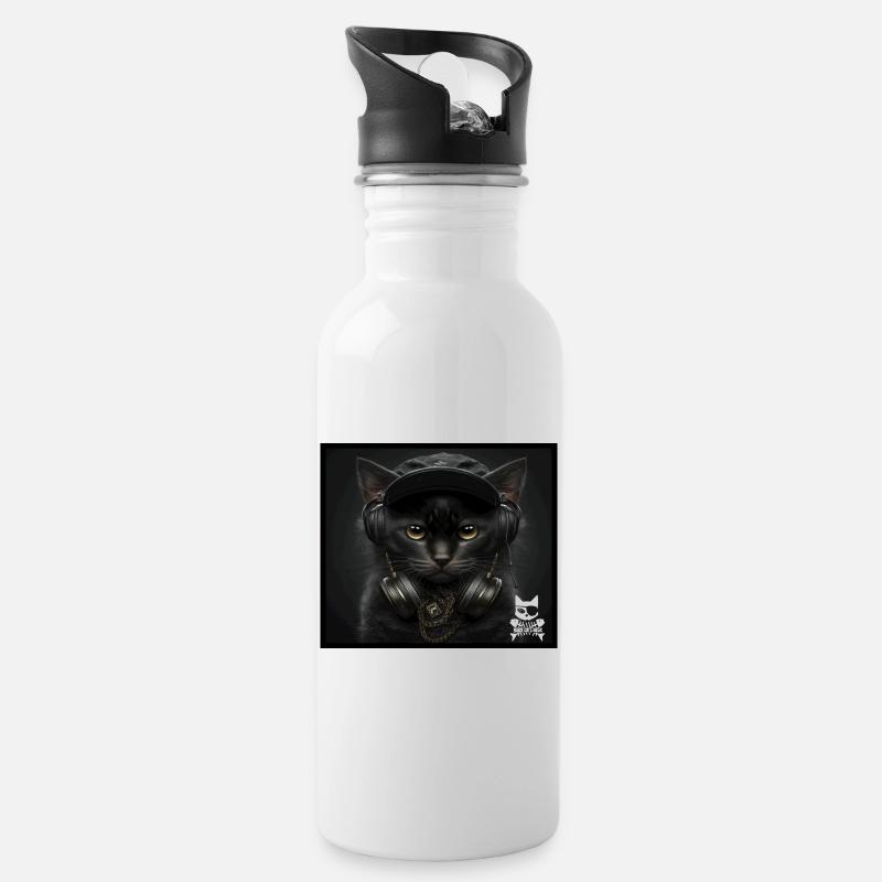 Katzen DJ mit Kopfhörern - Trinkflasche mit integriertem Trinkhalm - Weiß