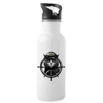 Katzenkapitän am Steuerrad - Maritime Tier Design - Trinkflasche mit integriertem Trinkhalm - Weiß - Rechts