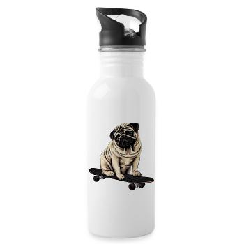Mops auf dem Skateboard: Niedlicher Rollspaß - Trinkflasche mit integriertem Trinkhalm - Weiß - Rechts