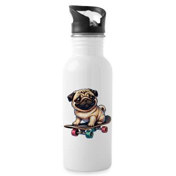 Skateboard Mops, Hund Skateboarder - Trinkflasche mit integriertem Trinkhalm - Weiß - Rechts