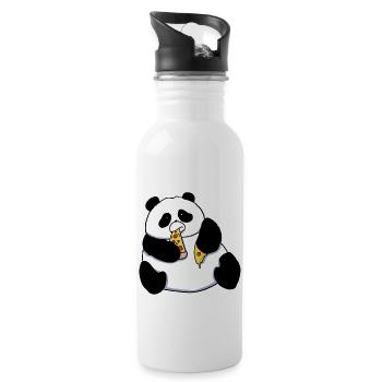 Fat Panda Bear Eating Pizza Funny Comic Style - Water bottle with straw - white - Right