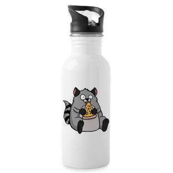 Fat Raccoon Eating Pizza Funny Comic Style - Water bottle with straw - white - Right