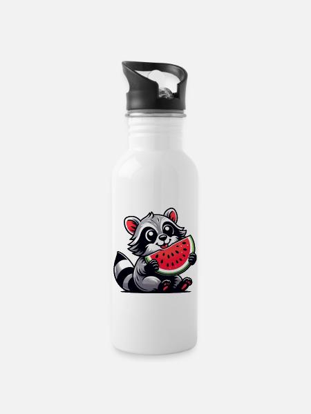 Waschbär Mit Wassermelone Fruchtig Lustig - Trinkflasche mit integriertem Trinkhalm - Weiß
