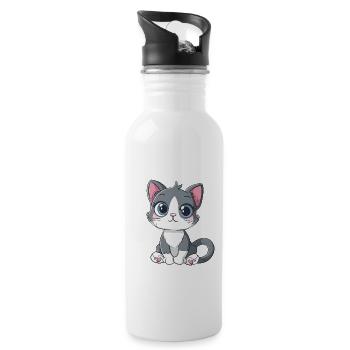 Niedliche Katze Mit Großen Augen Und Pfotenherzen - Trinkflasche mit integriertem Trinkhalm - Weiß - Rechts